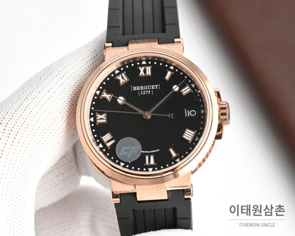 브레게 마린 오토매틱 40mm 네이비 다이얼 네이비 러버 스트랩 로즈골드 베젤