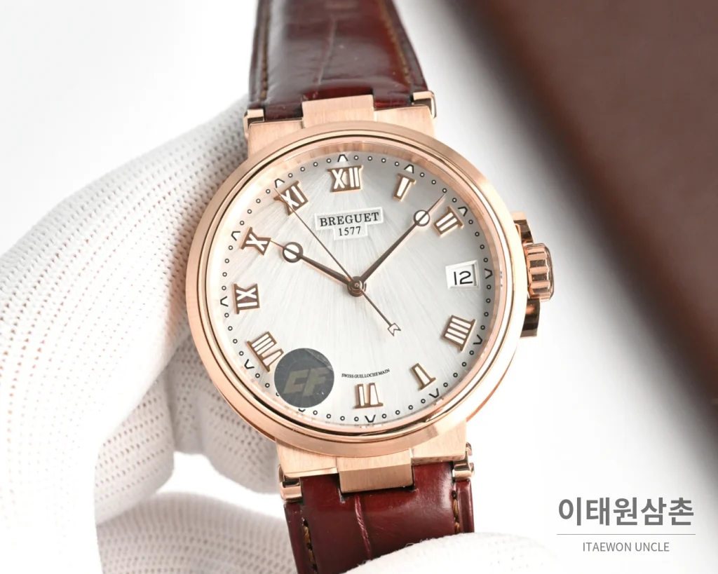 브레게 마린 오토매틱 40mm 블랙 다이얼 버건디 가죽 스트랩 로즈골드 케이스