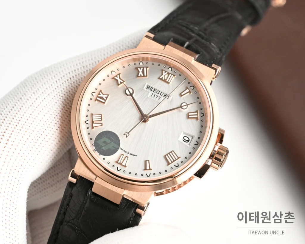 브레게 마린 오토매틱 40mm 블랙 다이얼 블랙 가죽 스트랩 로즈골드 케이스