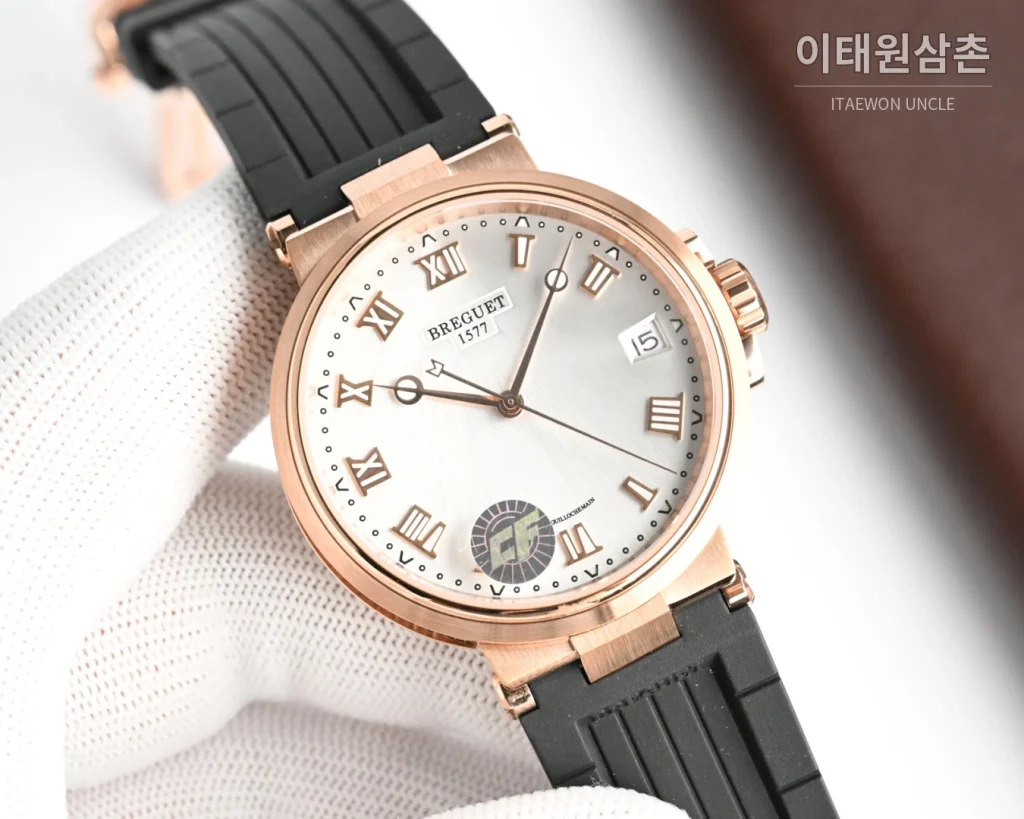 브레게 마린 오토매틱 40mm 네이비 다이얼 네이비 러버 스트랩 로즈골드 베젤