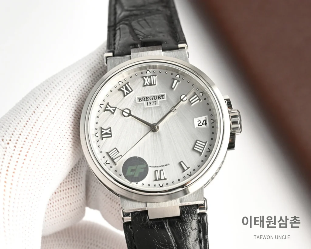 브레게 마린 오토매틱 40mm 블랙 다이얼 블랙 가죽 스트랩