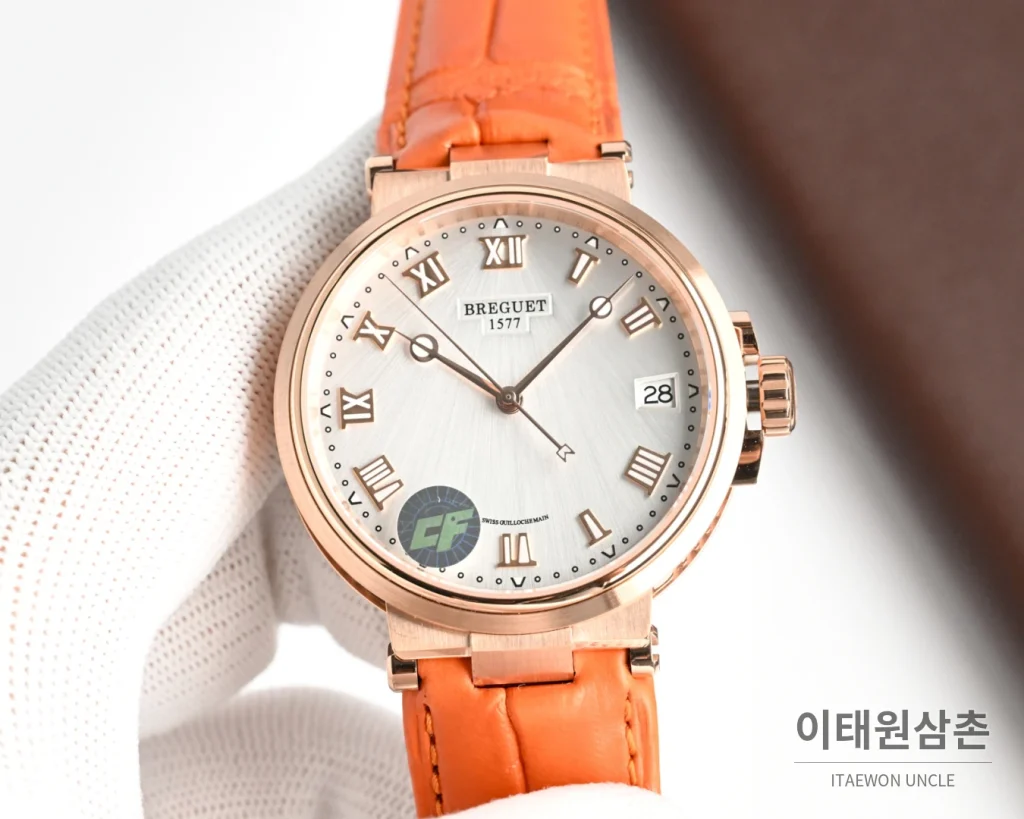브레게 마린 오토매틱 40mm 블랙 다이얼 버건디 가죽 스트랩 로즈골드 케이스