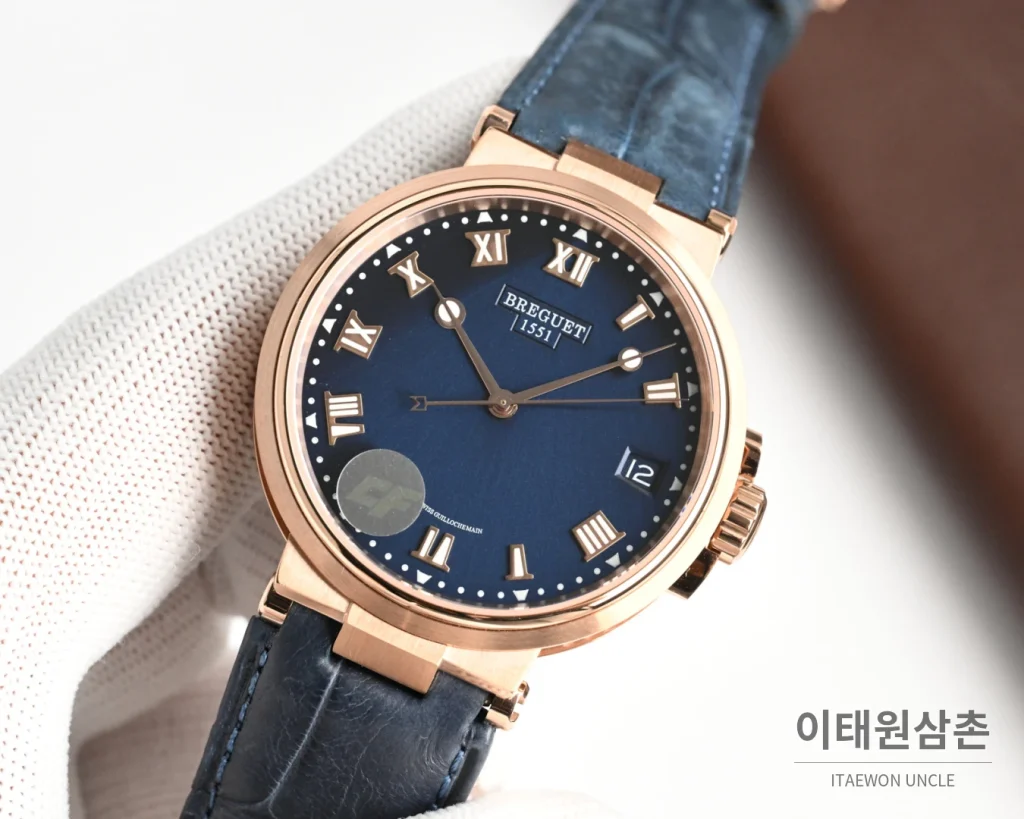 브레게 마린 오토매틱 40mm 블랙 다이얼 블랙 가죽 스트랩 로즈골드 케이스
