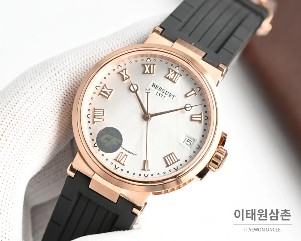 브레게 마린 오토매틱 40mm 네이비 다이얼 네이비 러버 스트랩 로즈골드 베젤