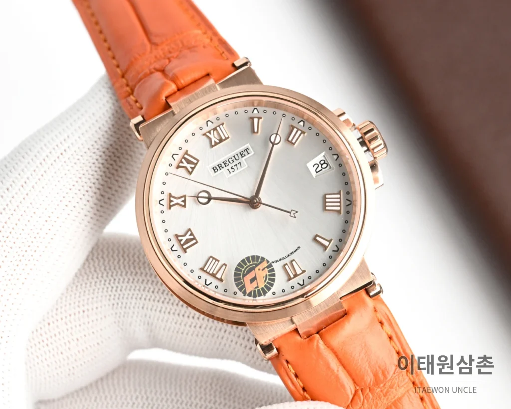 브레게 마린 오토매틱 40mm 블랙 다이얼 버건디 가죽 스트랩 로즈골드 케이스