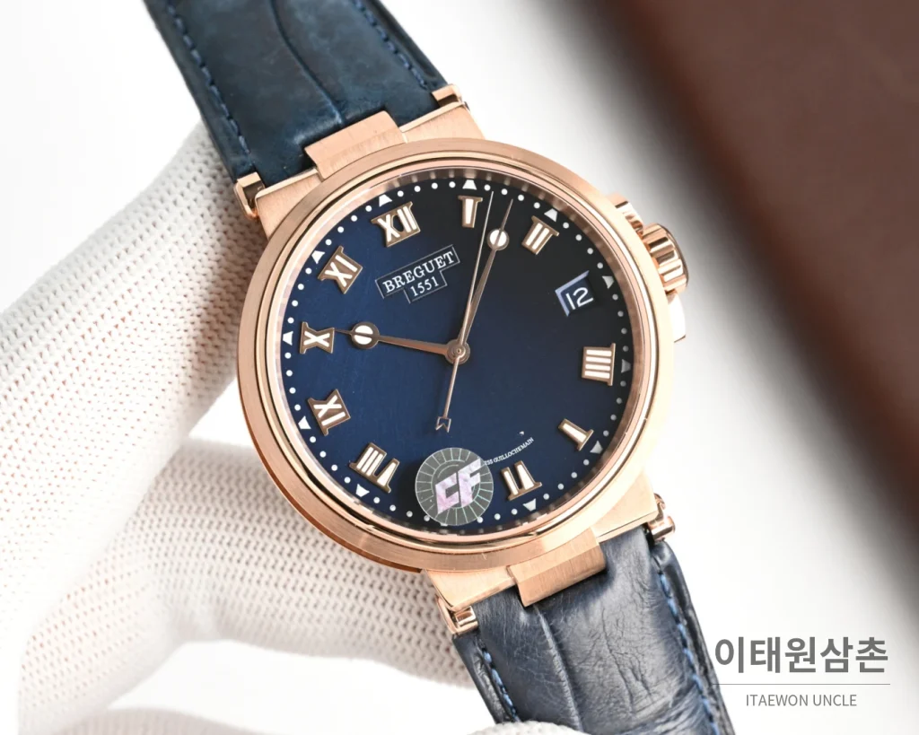 브레게 마린 오토매틱 40mm 블랙 다이얼 블랙 가죽 스트랩 로즈골드 케이스