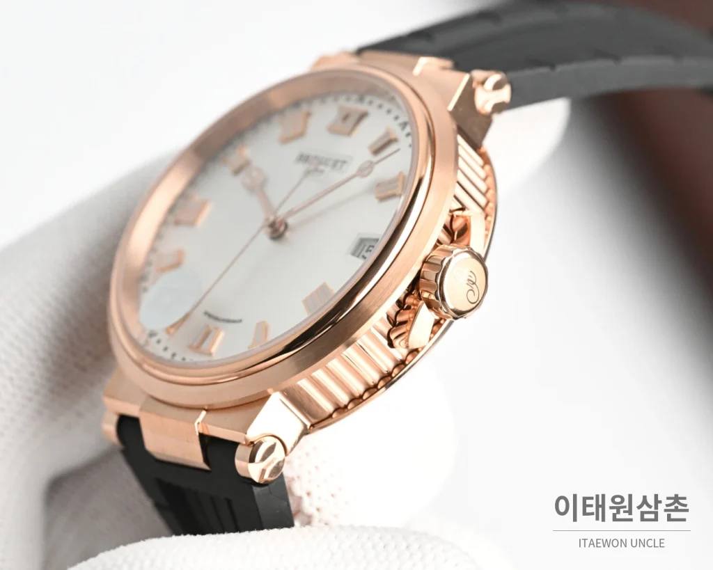 브레게 마린 오토매틱 40mm 네이비 다이얼 네이비 러버 스트랩 로즈골드 베젤