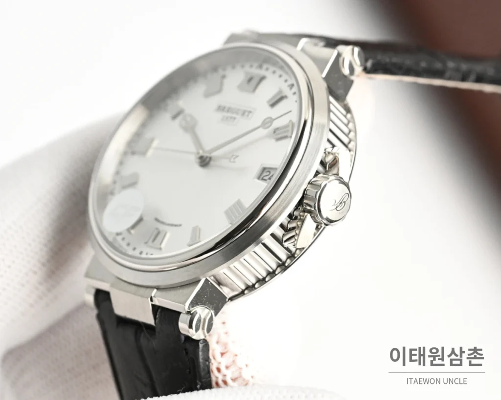 브레게 마린 오토매틱 40mm 블랙 다이얼 블랙 가죽 스트랩
