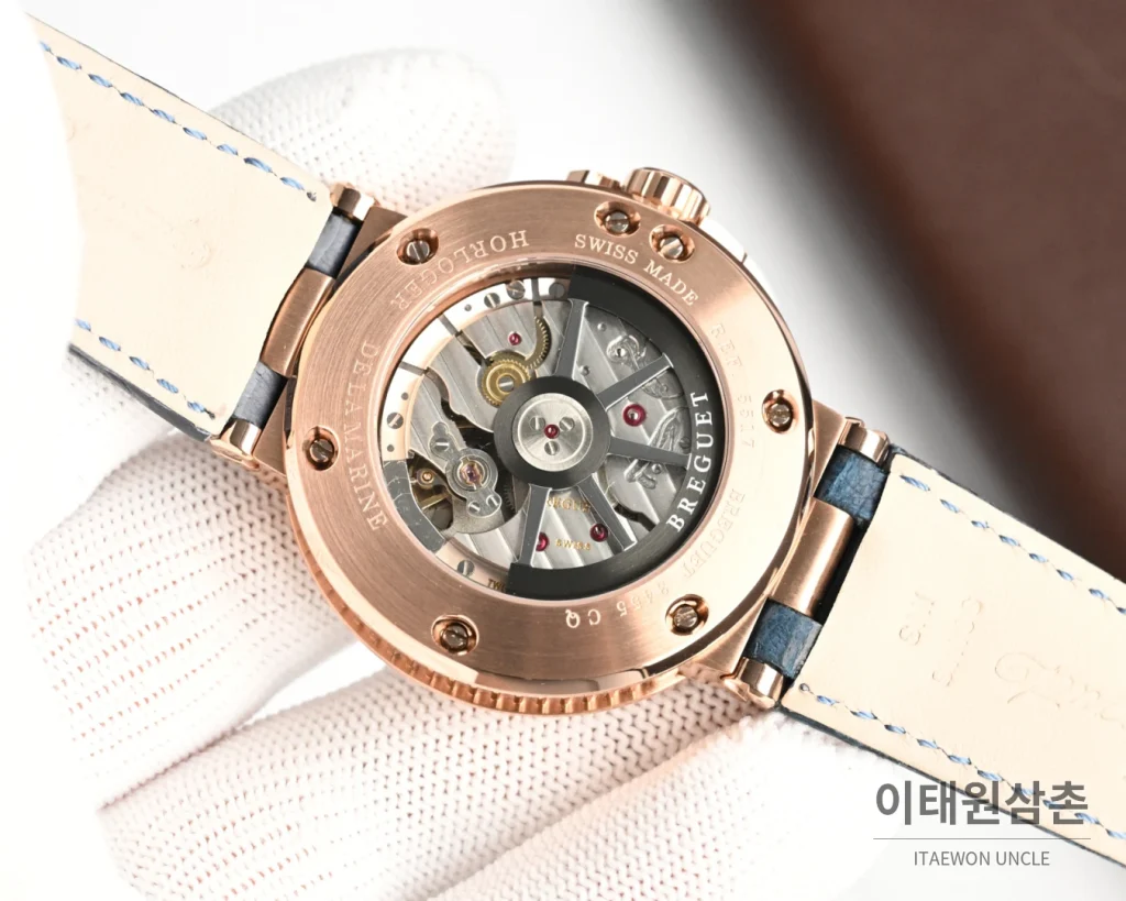 브레게 마린 오토매틱 40mm 블랙 다이얼 블랙 가죽 스트랩 로즈골드 케이스