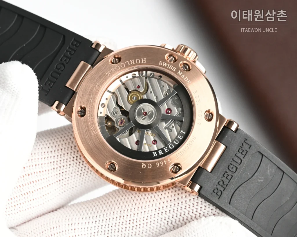 브레게 마린 오토매틱 40mm 네이비 다이얼 네이비 러버 스트랩 로즈골드 베젤