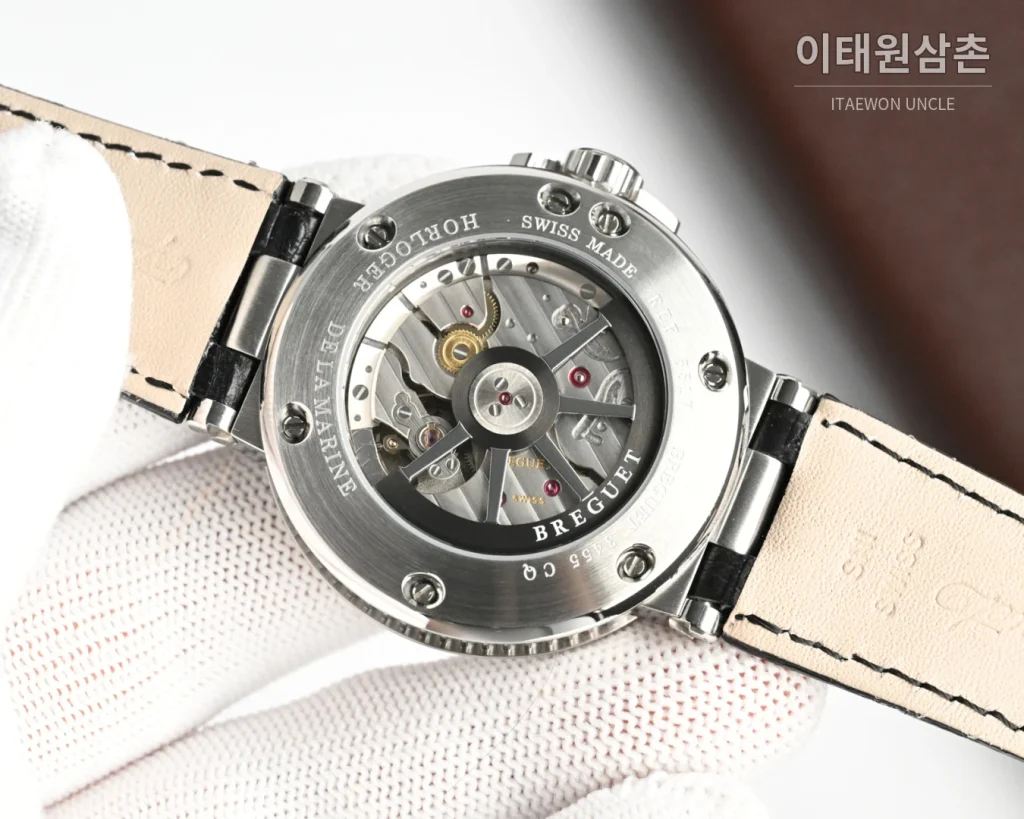 브레게 마린 오토매틱 40mm 블랙 다이얼 블랙 가죽 스트랩