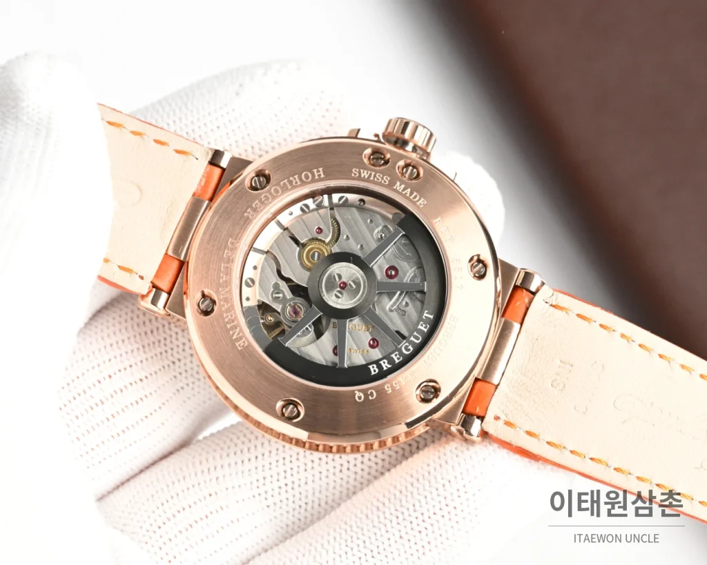 브레게 마린 오토매틱 40mm 블랙 다이얼 버건디 가죽 스트랩 로즈골드 케이스
