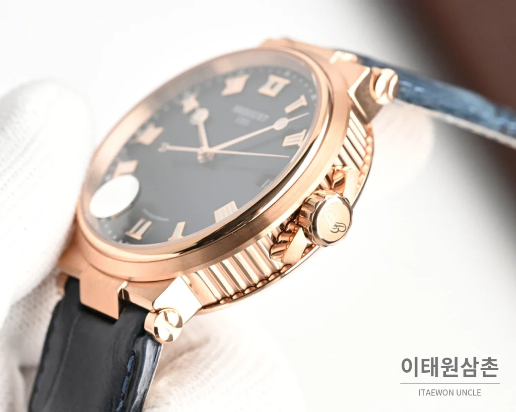 브레게 마린 오토매틱 40mm 블랙 다이얼 블랙 가죽 스트랩 로즈골드 케이스
