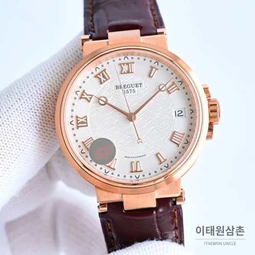 브레게 마린 선레이블루 다이얼 오토매틱 40mm 버건디 가죽 스트랩 로즈골드 베젤