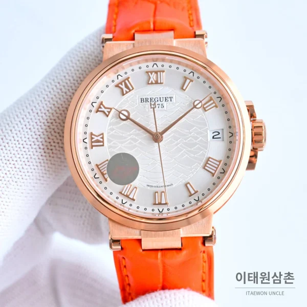 브레게 마린 선레이블루 다이얼 오토매틱 40mm 오렌지 가죽 스트랩 로즈골드 베젤