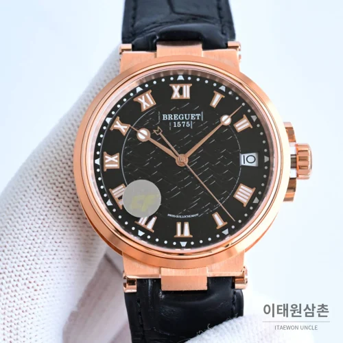 브레게 마린 선레이블루 다이얼 오토매틱 40mm 브라운 가죽 스트랩 로즈골드 베젤