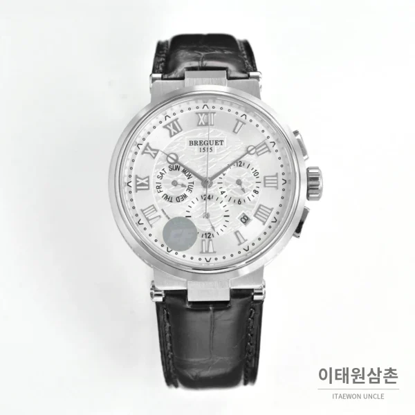 브레게 마린 선레이블루 다이얼 오토매틱 40mm 블랙 가죽 스트랩