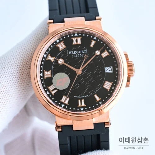 브레게 마린 선레이블루 다이얼 오토매틱 40mm 블랙 러버 스트랩 로즈골드 베젤