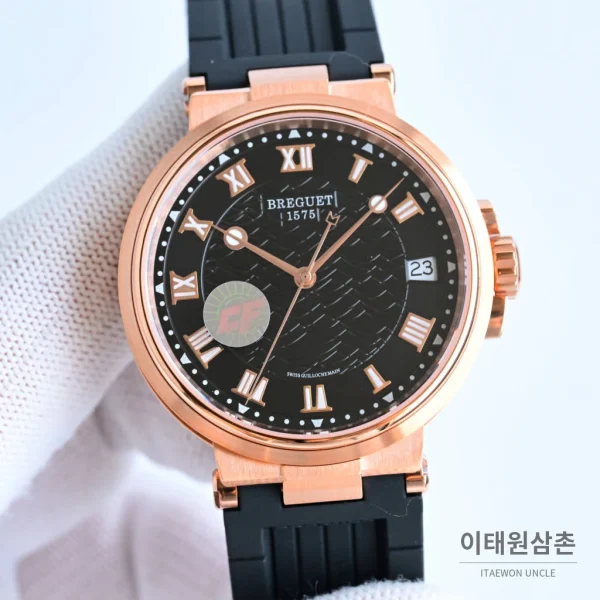 브레게 마린 선레이블루 다이얼 오토매틱 40mm 블랙 러버 스트랩 로즈골드 베젤