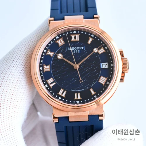 브레게 마린 선레이블루 다이얼 오토매틱 40mm 네이비 러버 스트랩 로즈골드 베젤