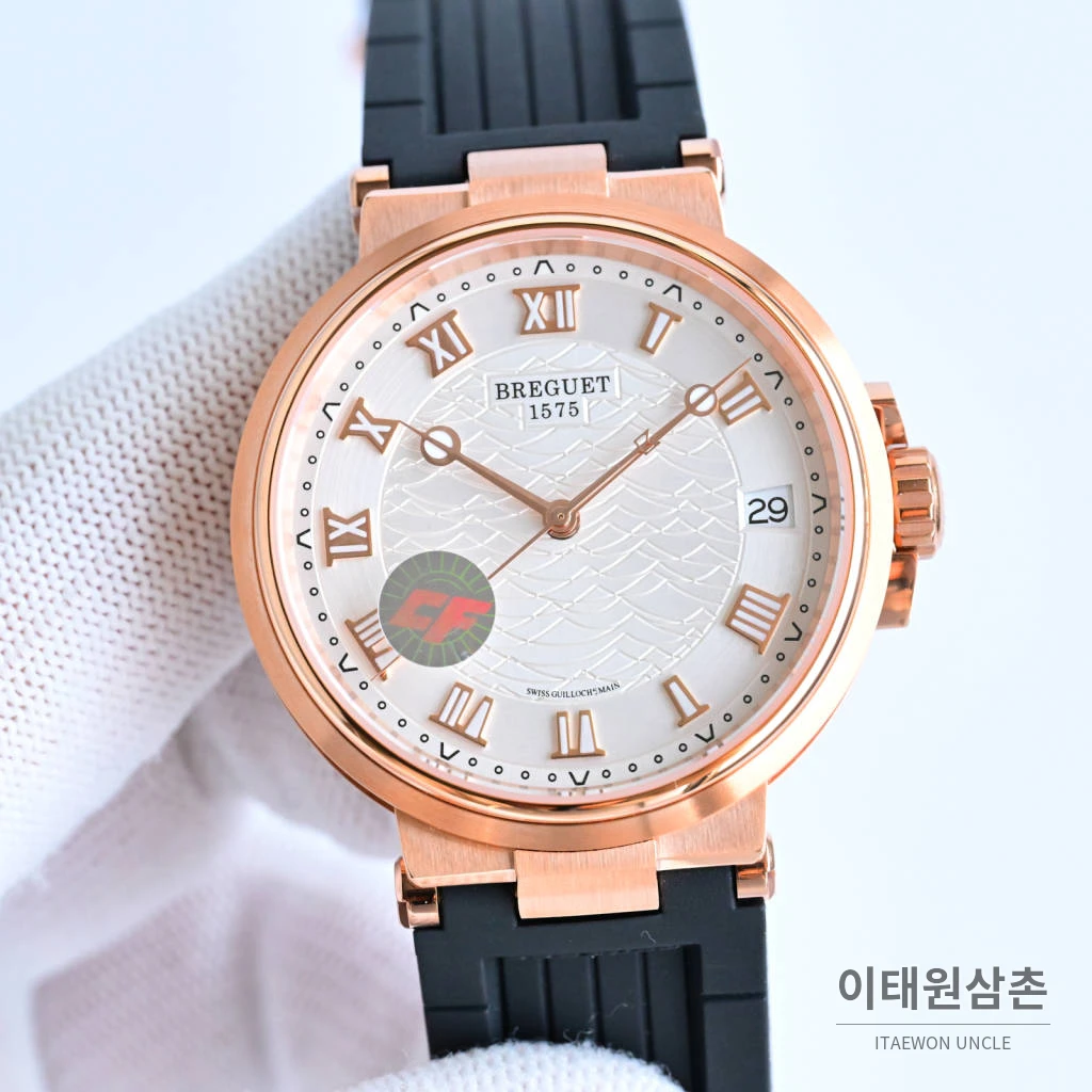 브레게 마린 선레이블루 다이얼 오토매틱 40mm 블랙 러버 스트랩 로즈골드 베젤 (2)
