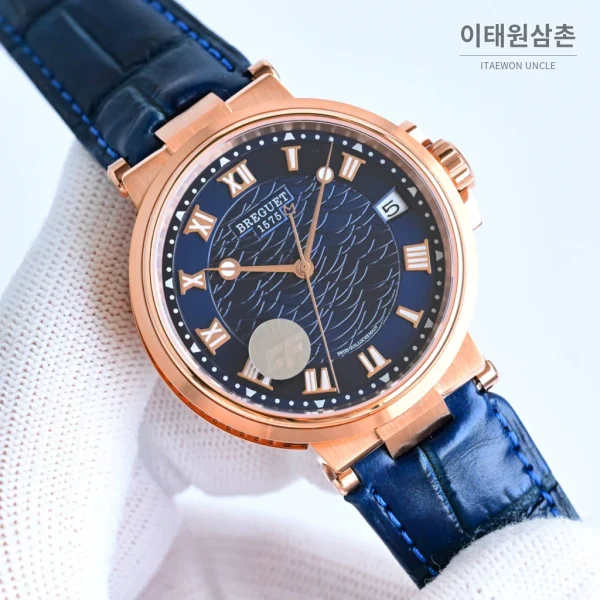 브레게 마린 선레이블루 다이얼 오토매틱 40mm 네이비 가죽 스트랩 로즈골드 케이스 브레게 마린 선레이블루 다이얼 오토매틱 40mm 네이비 가죽 스트랩 로즈골드 케이스