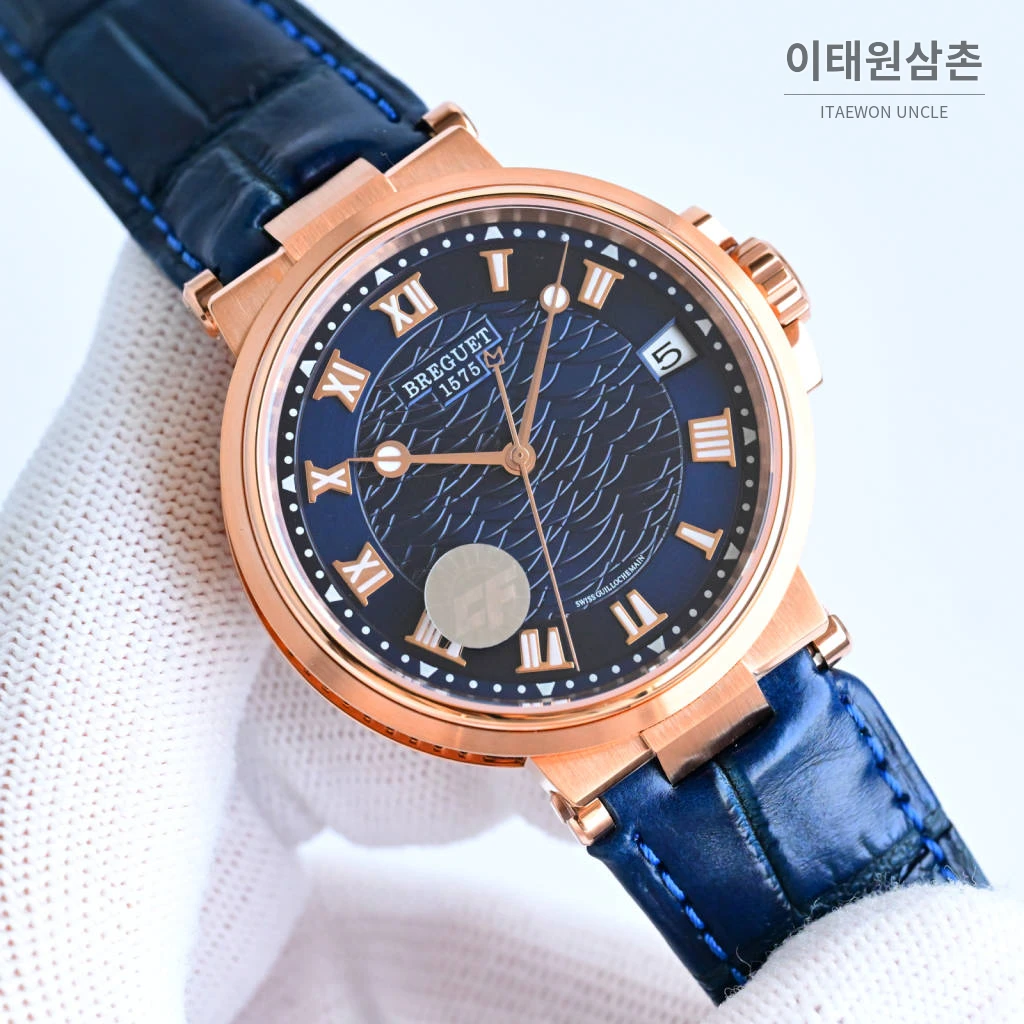 브레게 마린 선레이블루 다이얼 오토매틱 40mm 네이비 가죽 스트랩 로즈골드 케이스