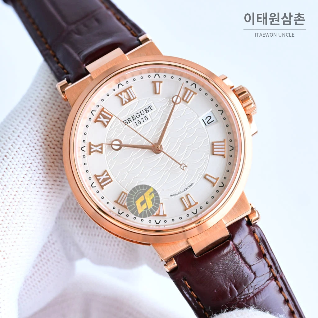 브레게 마린 선레이블루 다이얼 오토매틱 40mm 버건디 가죽 스트랩 로즈골드 베젤