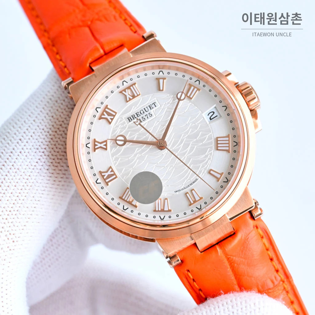 브레게 마린 선레이블루 다이얼 오토매틱 40mm 오렌지 가죽 스트랩 로즈골드 베젤