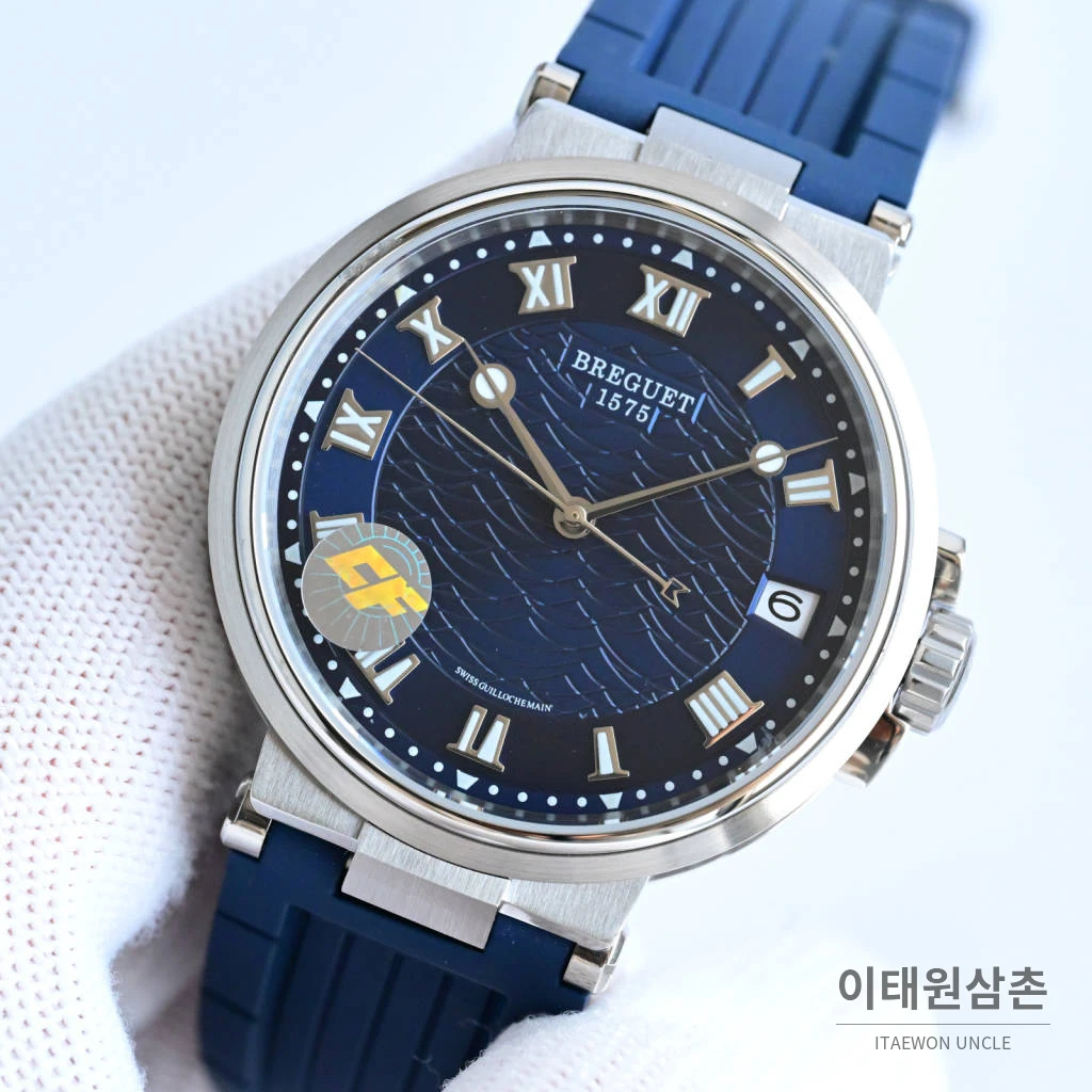 브레게 마린 선레이블루 다이얼 오토매틱 40mm 블루 러버 스트랩