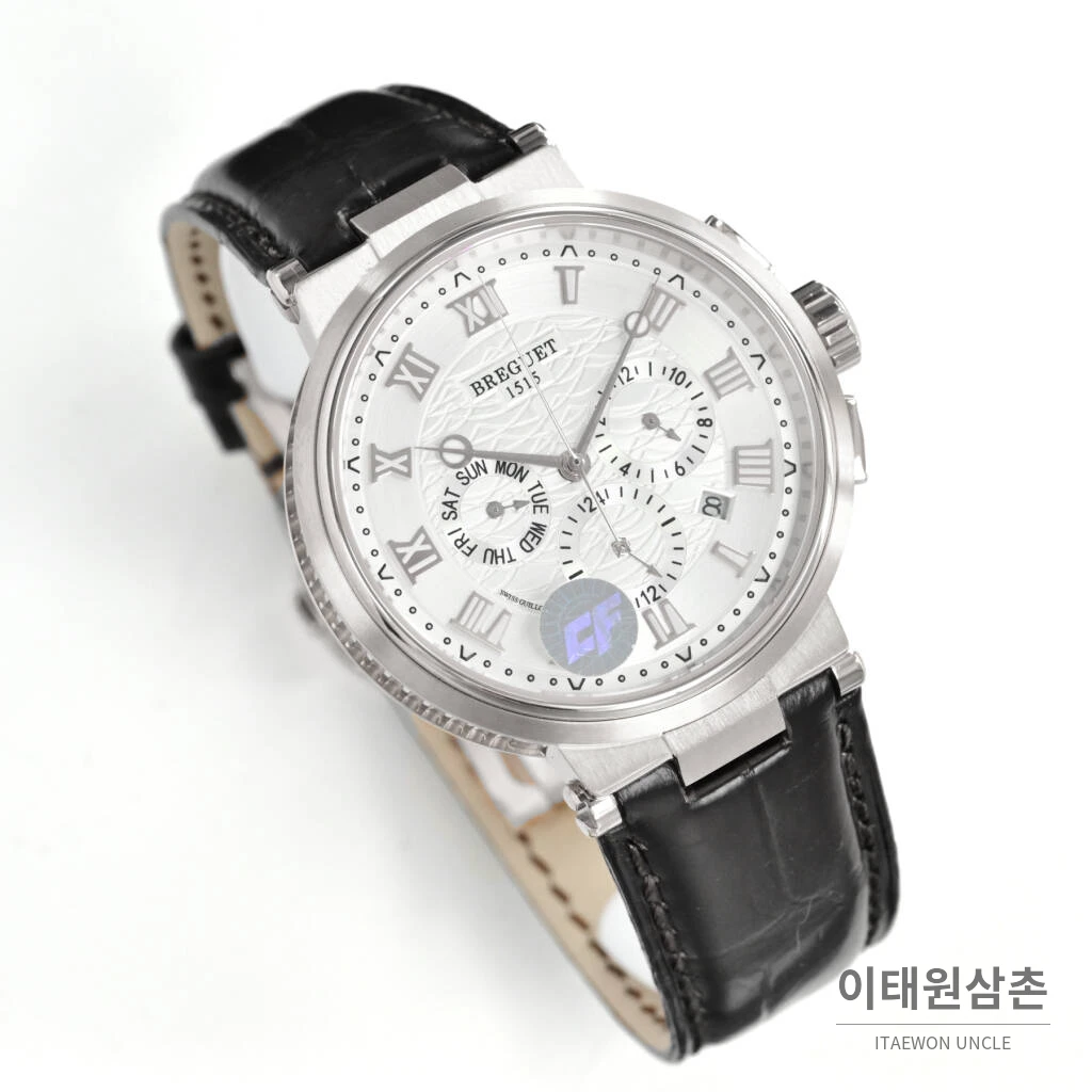 브레게 마린 선레이블루 다이얼 오토매틱 40mm 블랙 가죽 스트랩