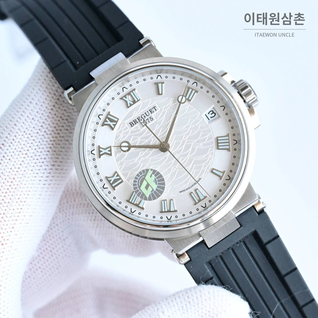 브레게 마린 선레이블루 다이얼 오토매틱 40mm 블랙 러버 스트랩