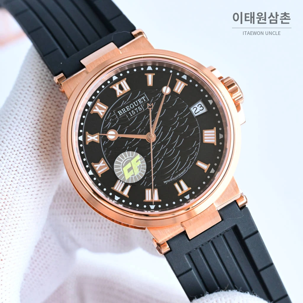 브레게 마린 선레이블루 다이얼 오토매틱 40mm 블랙 러버 스트랩 로즈골드 베젤