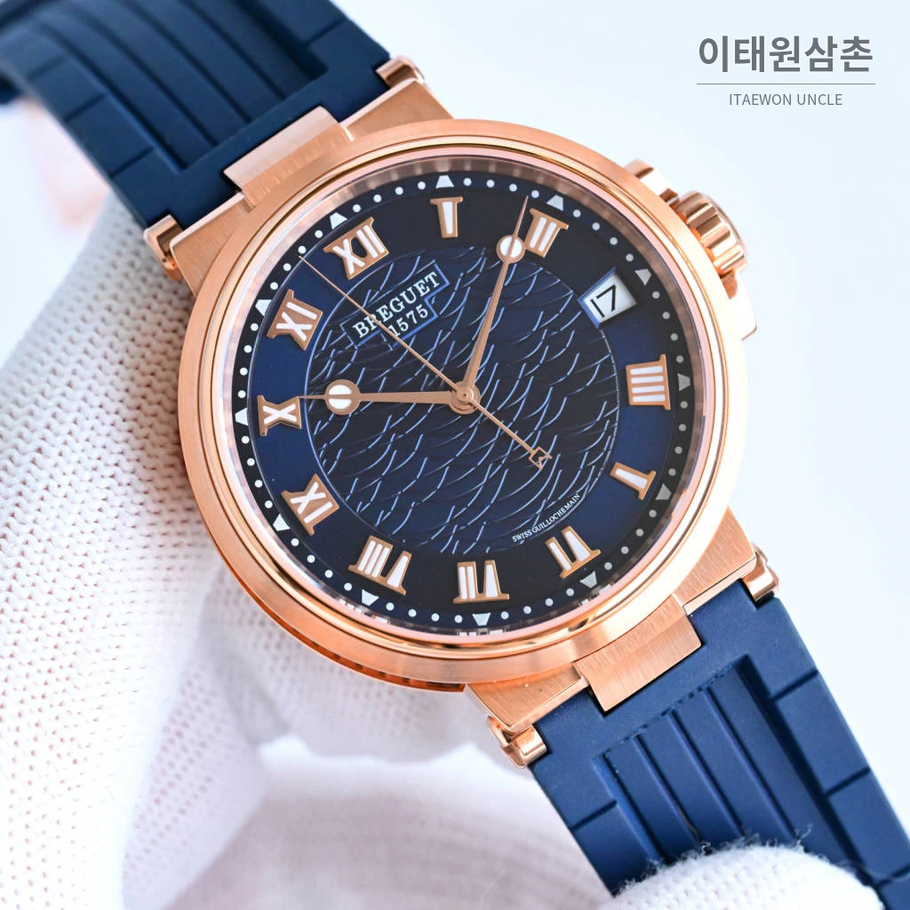 브레게 마린 선레이블루 다이얼 오토매틱 40mm 네이비 러버 스트랩 로즈골드 베젤