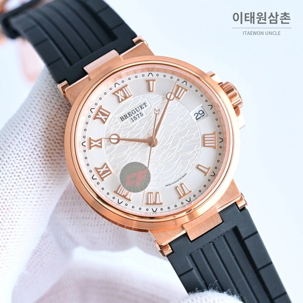 브레게 마린 선레이블루 다이얼 오토매틱 40mm 블랙 러버 스트랩 로즈골드 베젤 (2)
