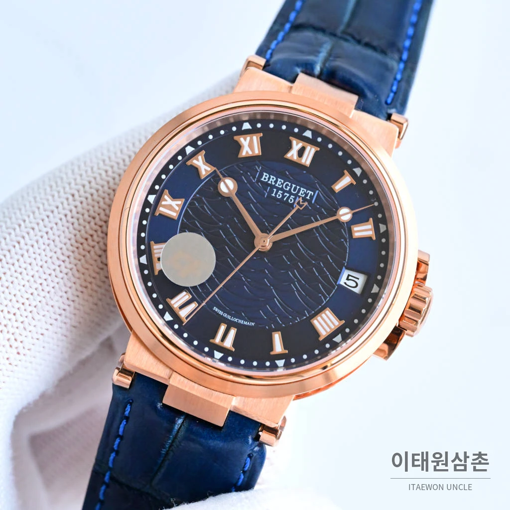 브레게 마린 선레이블루 다이얼 오토매틱 40mm 네이비 가죽 스트랩 로즈골드 케이스