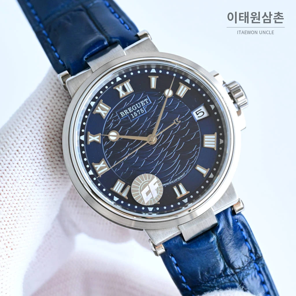 브레게 마린 선레이블루 다이얼 오토매틱 40mm 블루 가죽 스트랩