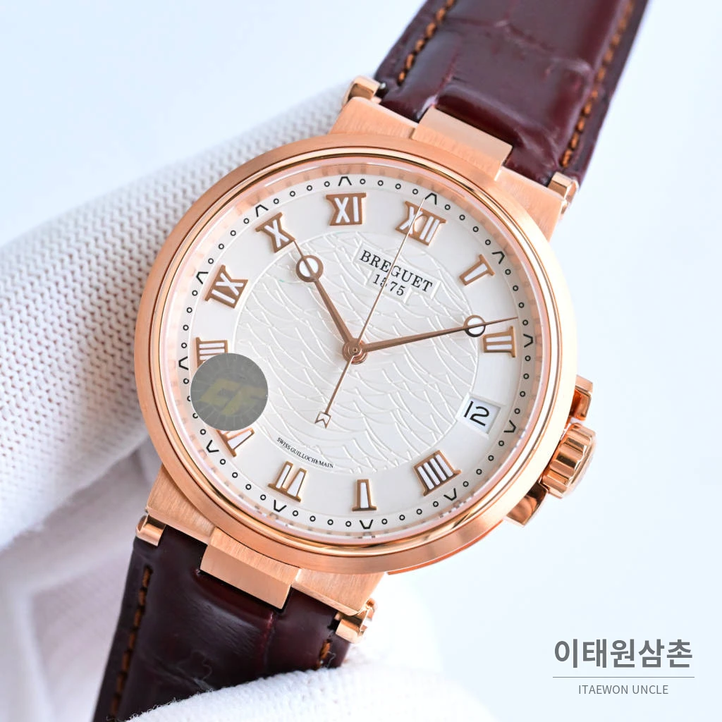 브레게 마린 선레이블루 다이얼 오토매틱 40mm 버건디 가죽 스트랩 로즈골드 베젤