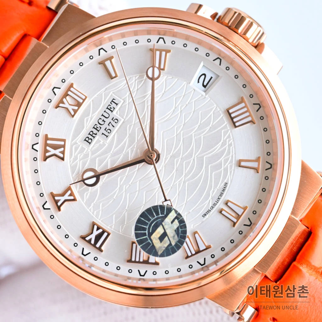 브레게 마린 선레이블루 다이얼 오토매틱 40mm 오렌지 가죽 스트랩 로즈골드 베젤