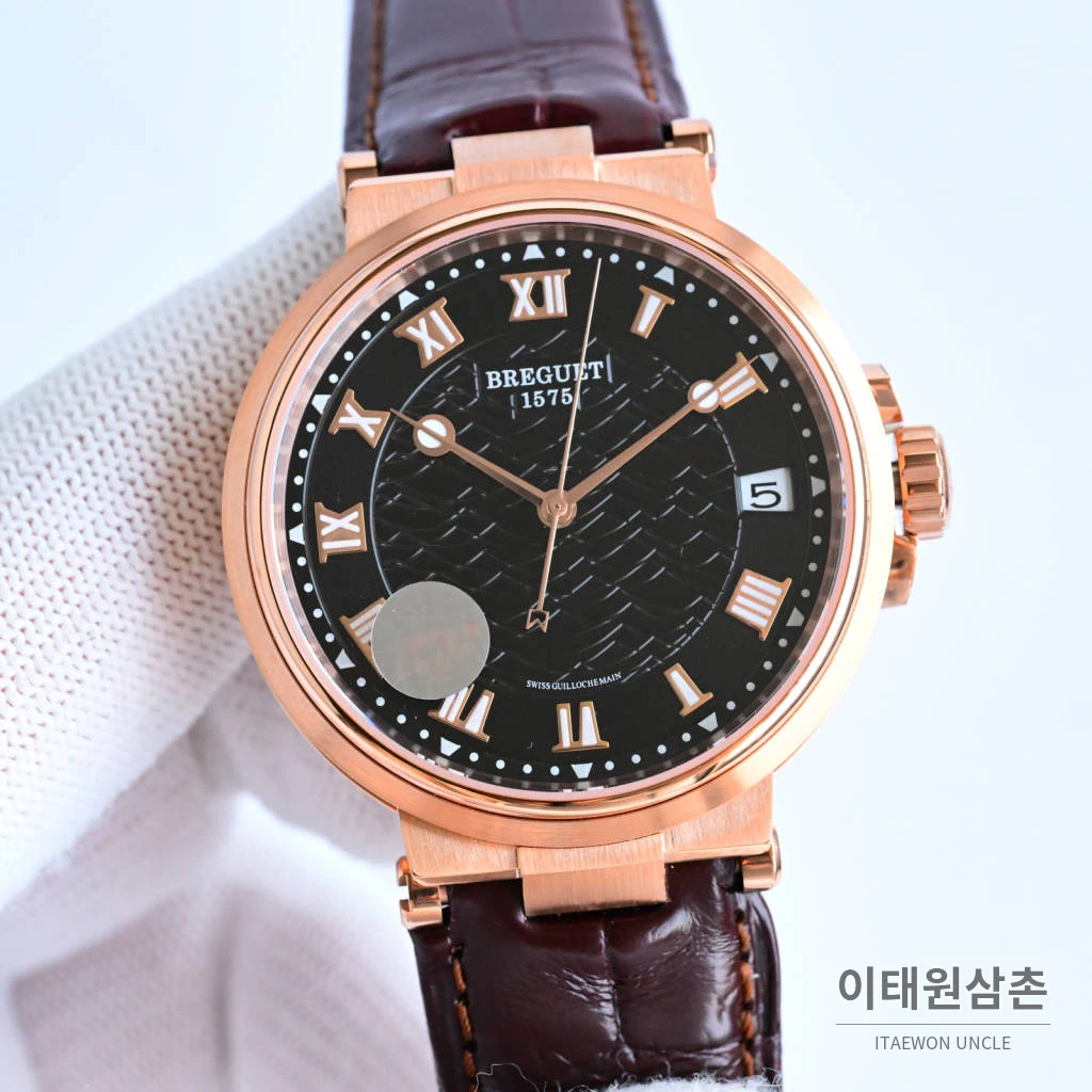 브레게 마린 선레이블루 다이얼 오토매틱 40mm 브라운 가죽 스트랩 로즈골드 베젤
