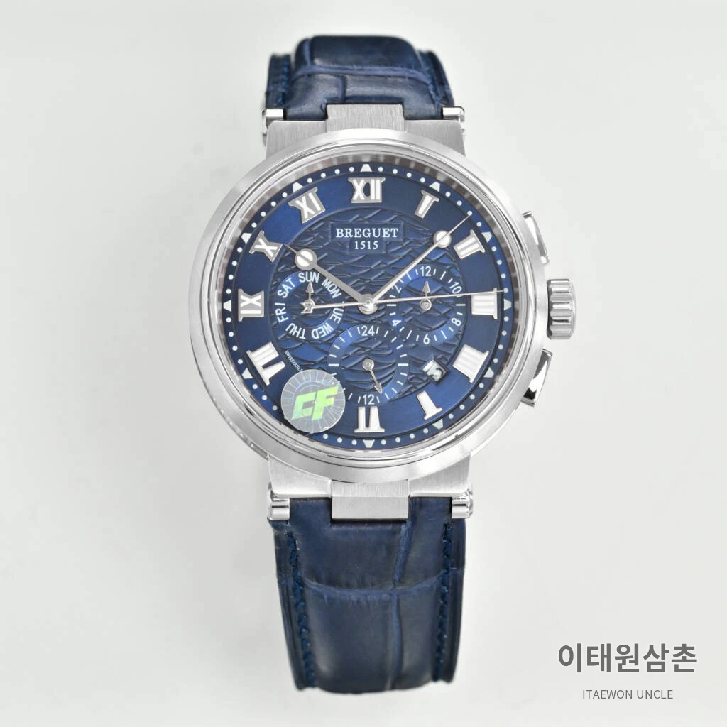 브레게 마린 선레이블루 다이얼 오토매틱 40mm 블랙 가죽 스트랩