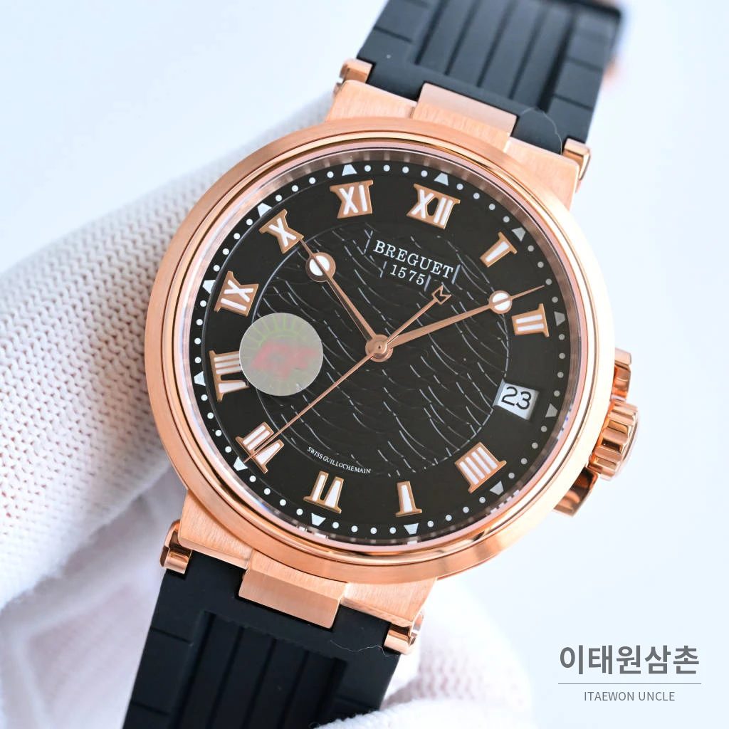 브레게 마린 선레이블루 다이얼 오토매틱 40mm 블랙 러버 스트랩 로즈골드 베젤