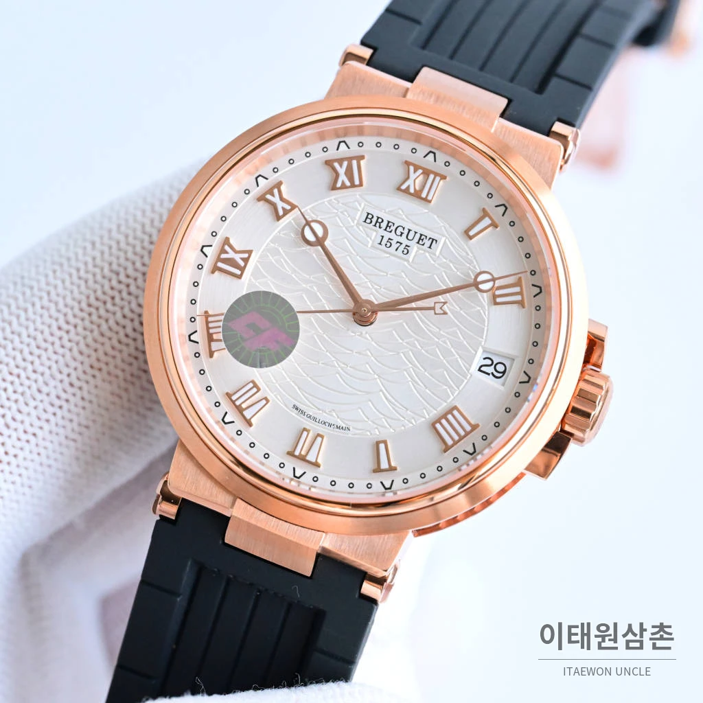 브레게 마린 선레이블루 다이얼 오토매틱 40mm 블랙 러버 스트랩 로즈골드 베젤 (2)