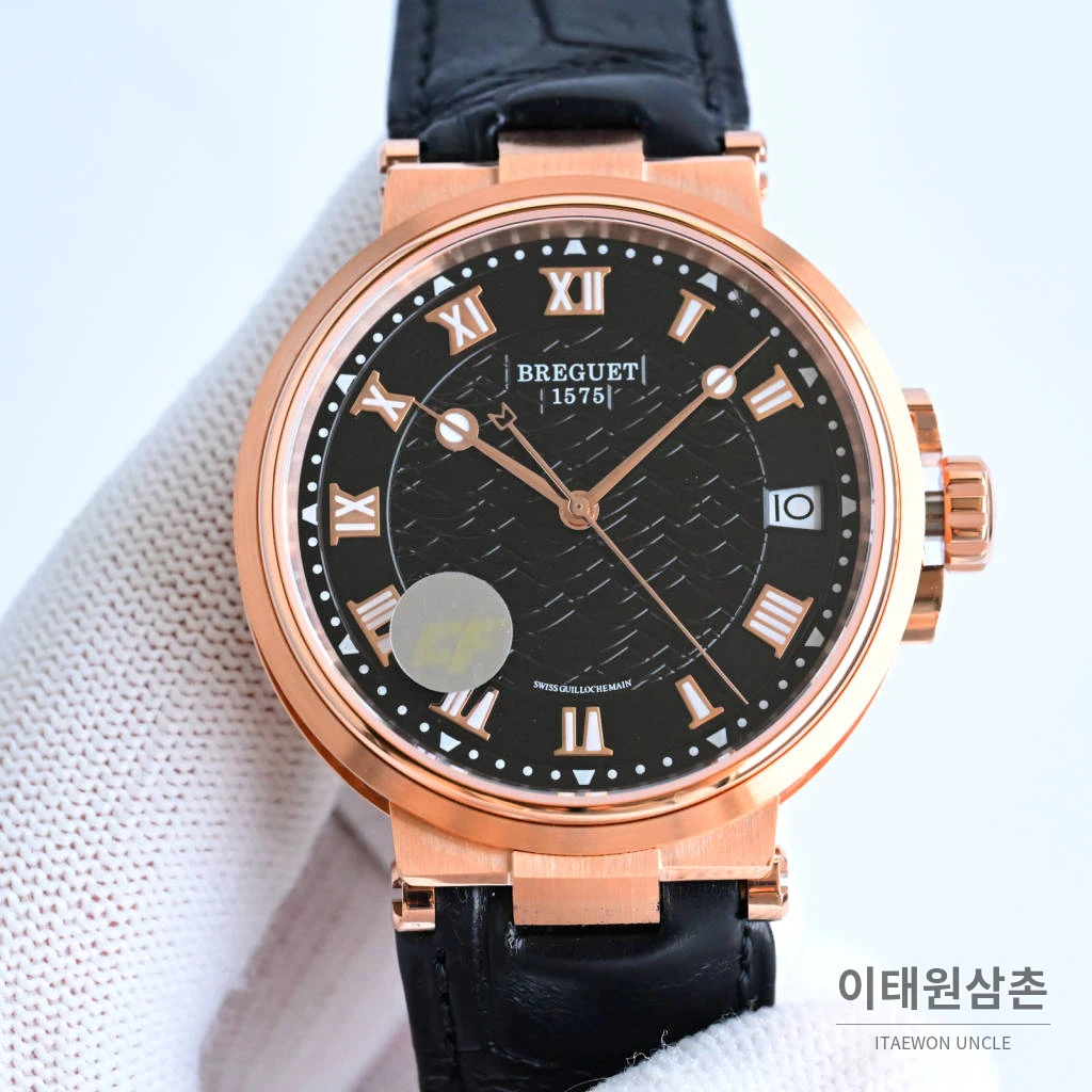 브레게 마린 선레이블루 다이얼 오토매틱 40mm 네이비 가죽 스트랩 로즈골드 케이스