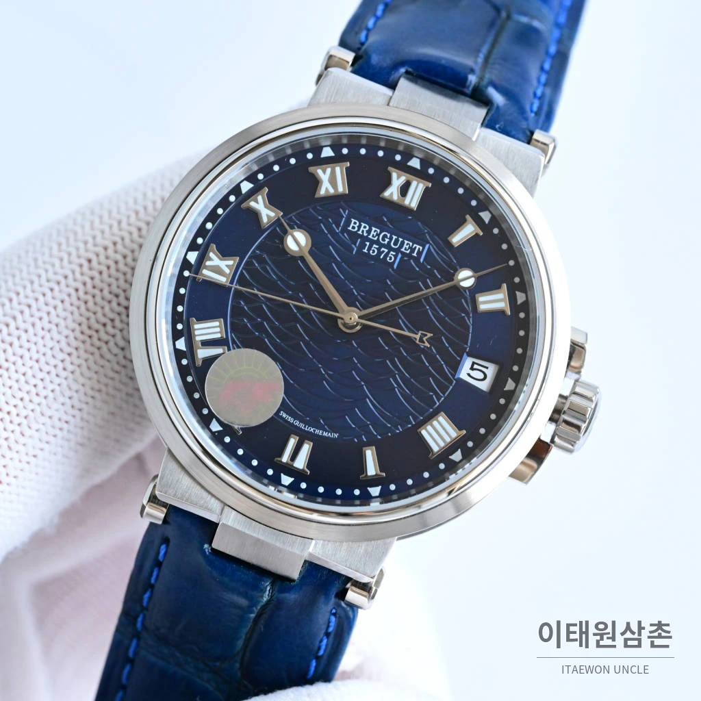 브레게 마린 선레이블루 다이얼 오토매틱 40mm 블루 가죽 스트랩