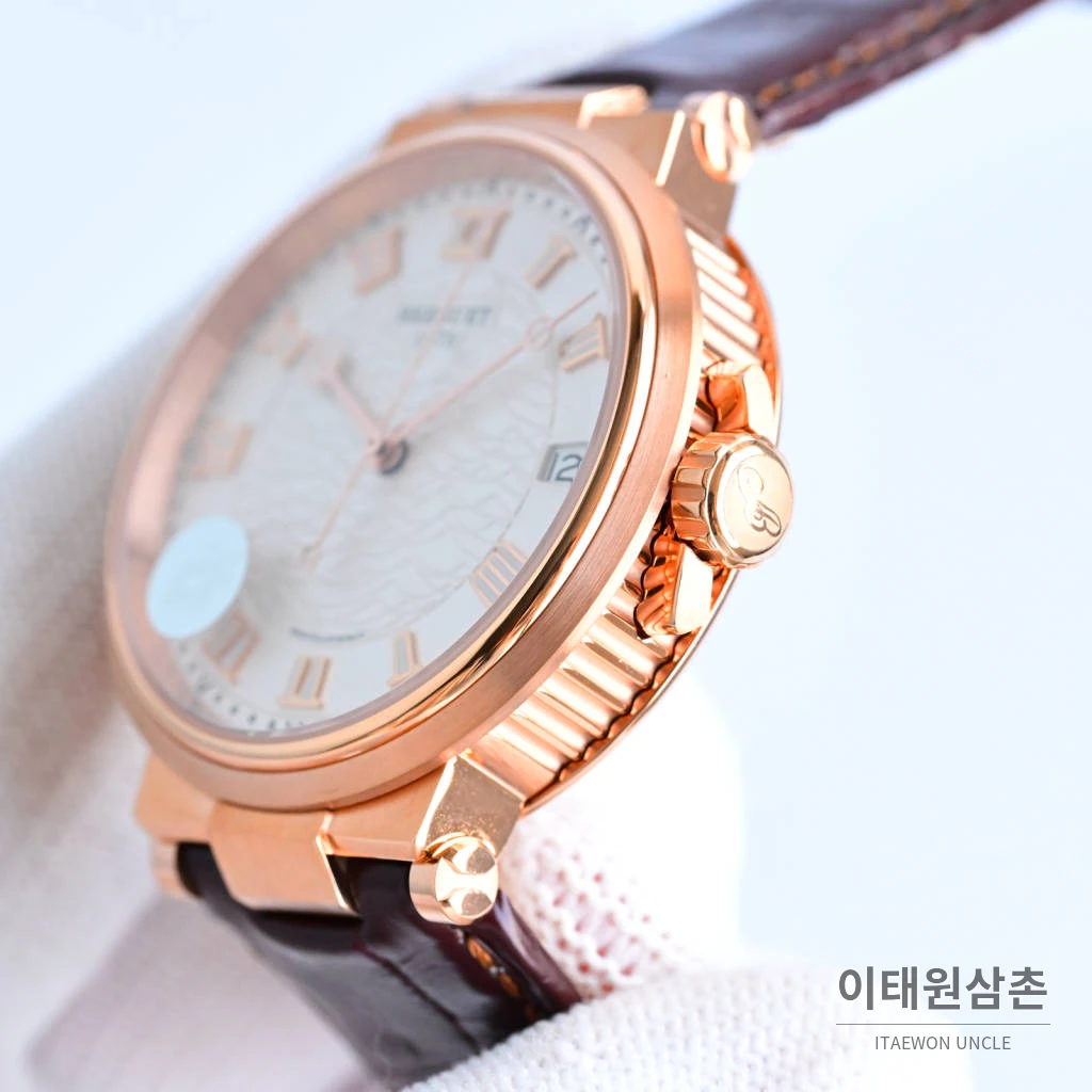 브레게 마린 선레이블루 다이얼 오토매틱 40mm 버건디 가죽 스트랩 로즈골드 베젤