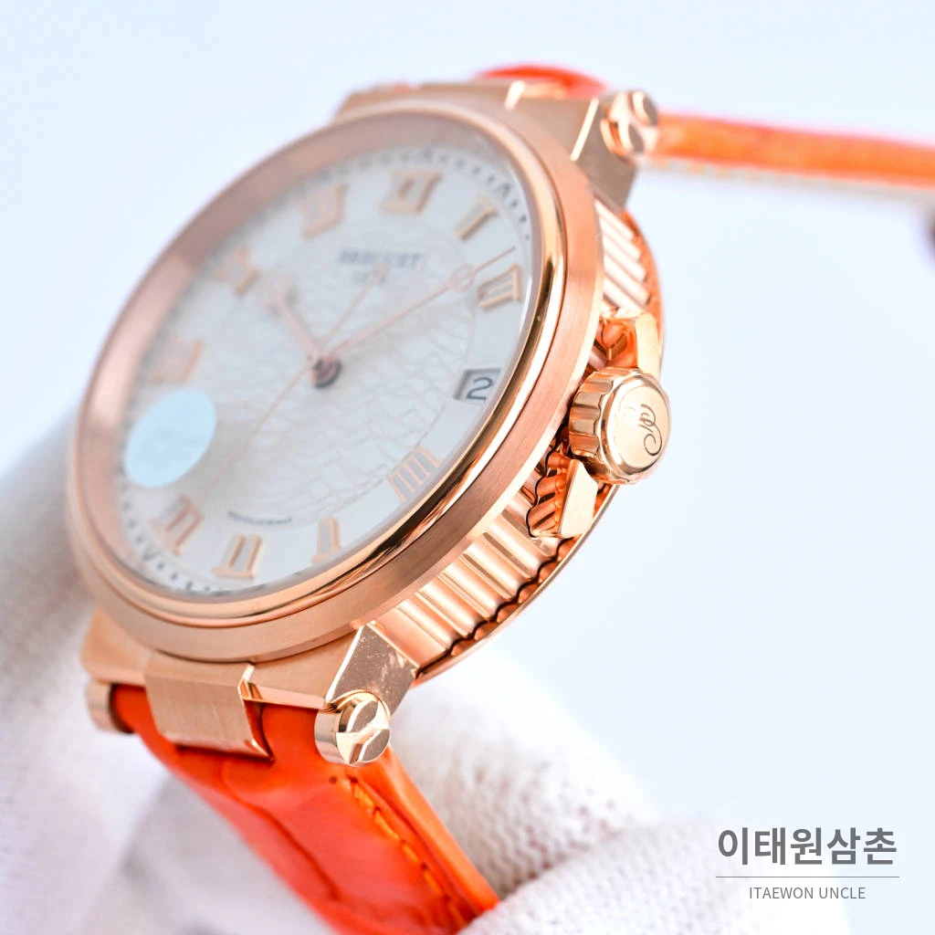 브레게 마린 선레이블루 다이얼 오토매틱 40mm 오렌지 가죽 스트랩 로즈골드 베젤