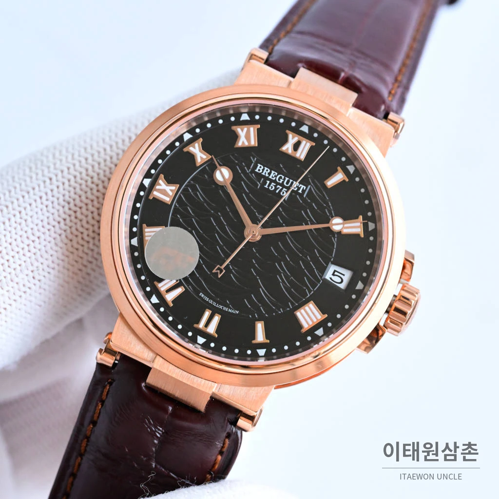 브레게 마린 선레이블루 다이얼 오토매틱 40mm 브라운 가죽 스트랩 로즈골드 베젤