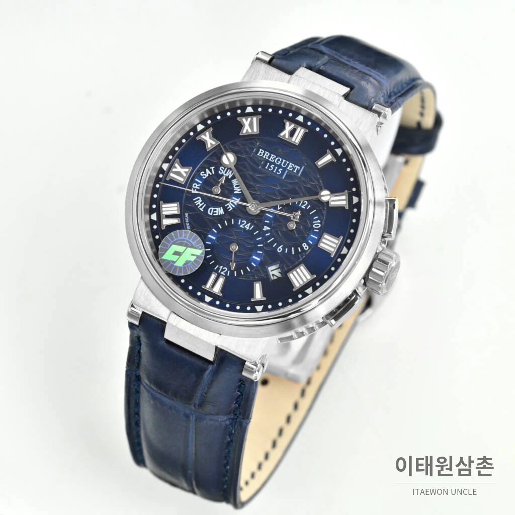 브레게 마린 선레이블루 다이얼 오토매틱 40mm 블랙 가죽 스트랩
