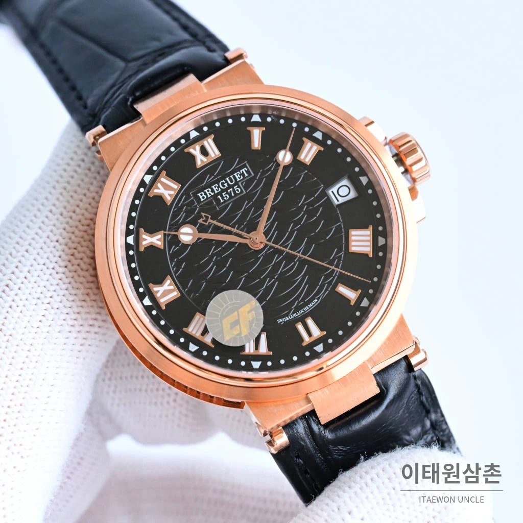 브레게 마린 선레이블루 다이얼 오토매틱 40mm 네이비 가죽 스트랩 로즈골드 케이스